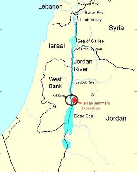 El kikkar, la vega redonda del Jordán, con Tall el-Hammam señalado